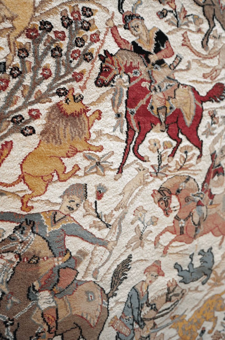 Shikar Gaah Masterpiece Wall Hanging – Handmade Silk & Wool Carpet from Pakistan