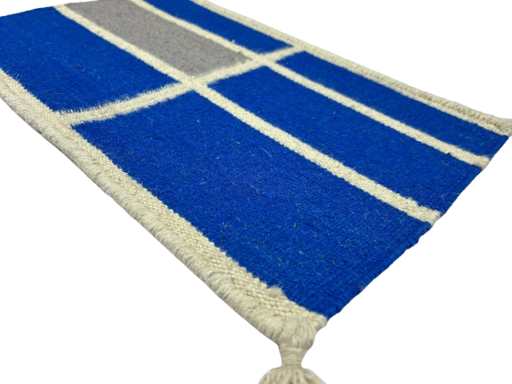 Handwoven Blue & Gray Pattern Dining Table Mat – White Base