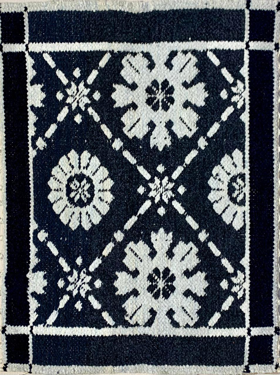 Navy blue and white geometric patterned rug