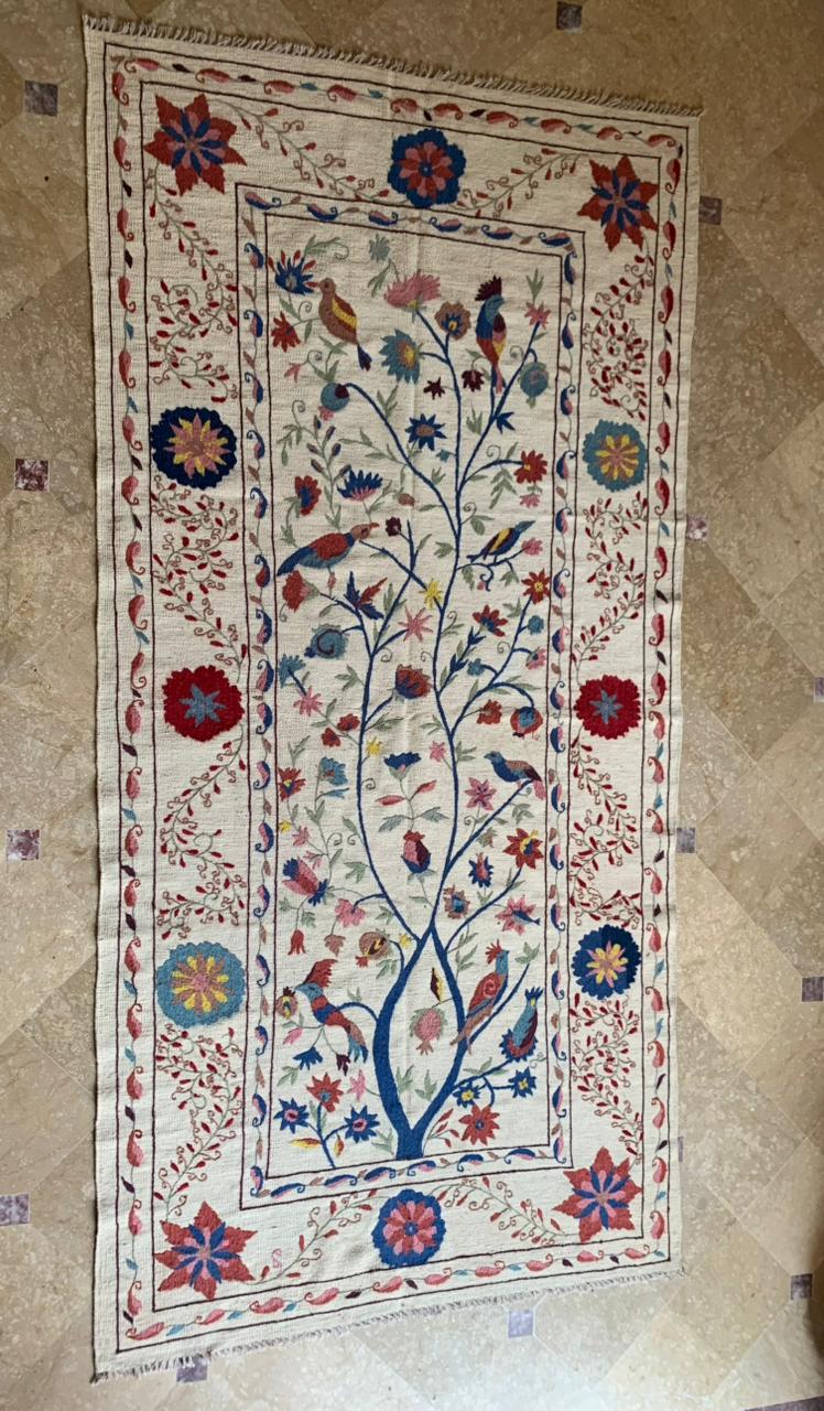 Decorative rug with floral and bird pattern on a beige floor