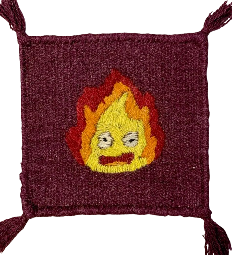 Hand-Embroidered Wool Coaster – Calcifer Design Maroon Base
