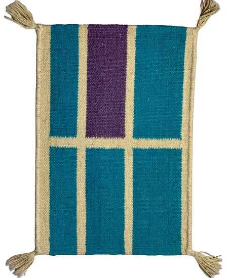 Woven mat with blue and purple stripes on a white background