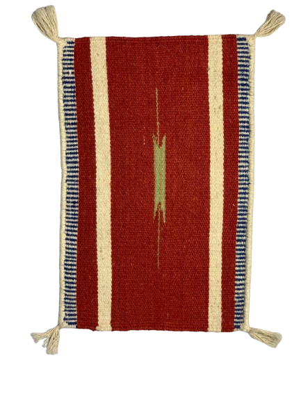 Woven textile with red, blue, and beige pattern on a white background