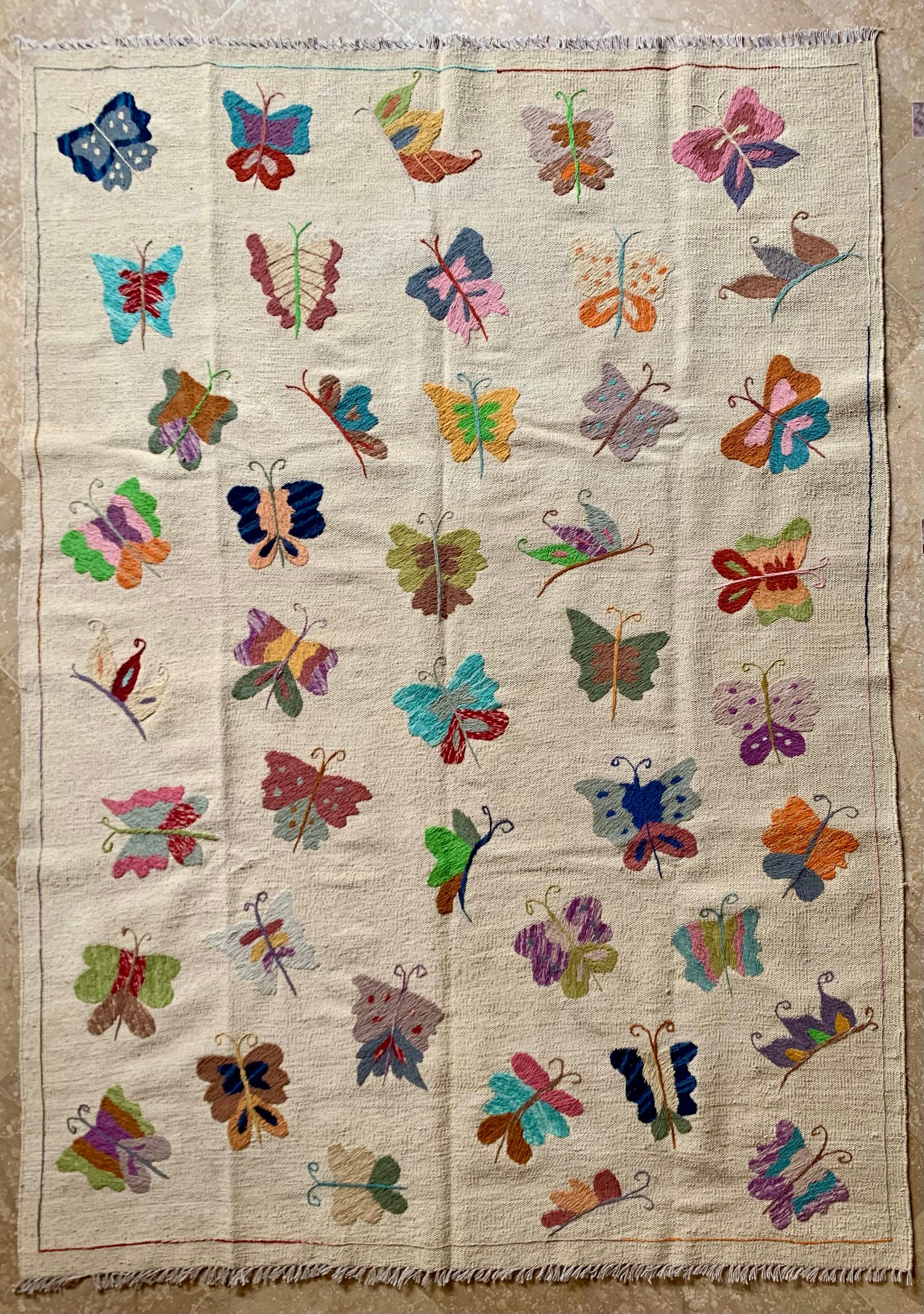 Butterfly Garden Suzani Embroidered Handmade kilim