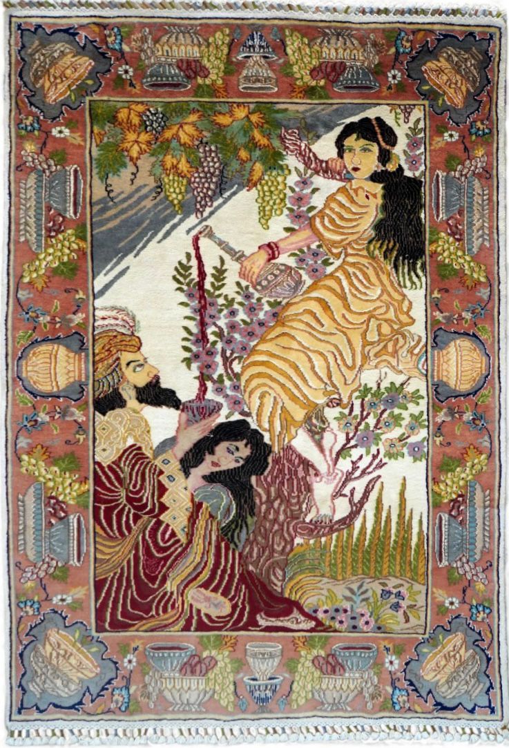 Decorative rug with intricate patterns and figures, featuring a woman in a yellow dress and two other figures.