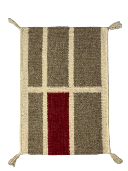 Handmade Woolen Dining Table Mat – Beige & Red Tile Pattern on White Base